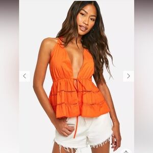 Boohoo Women’s Orange Halter Ruffle Tie-Front Top Size 6 NWT